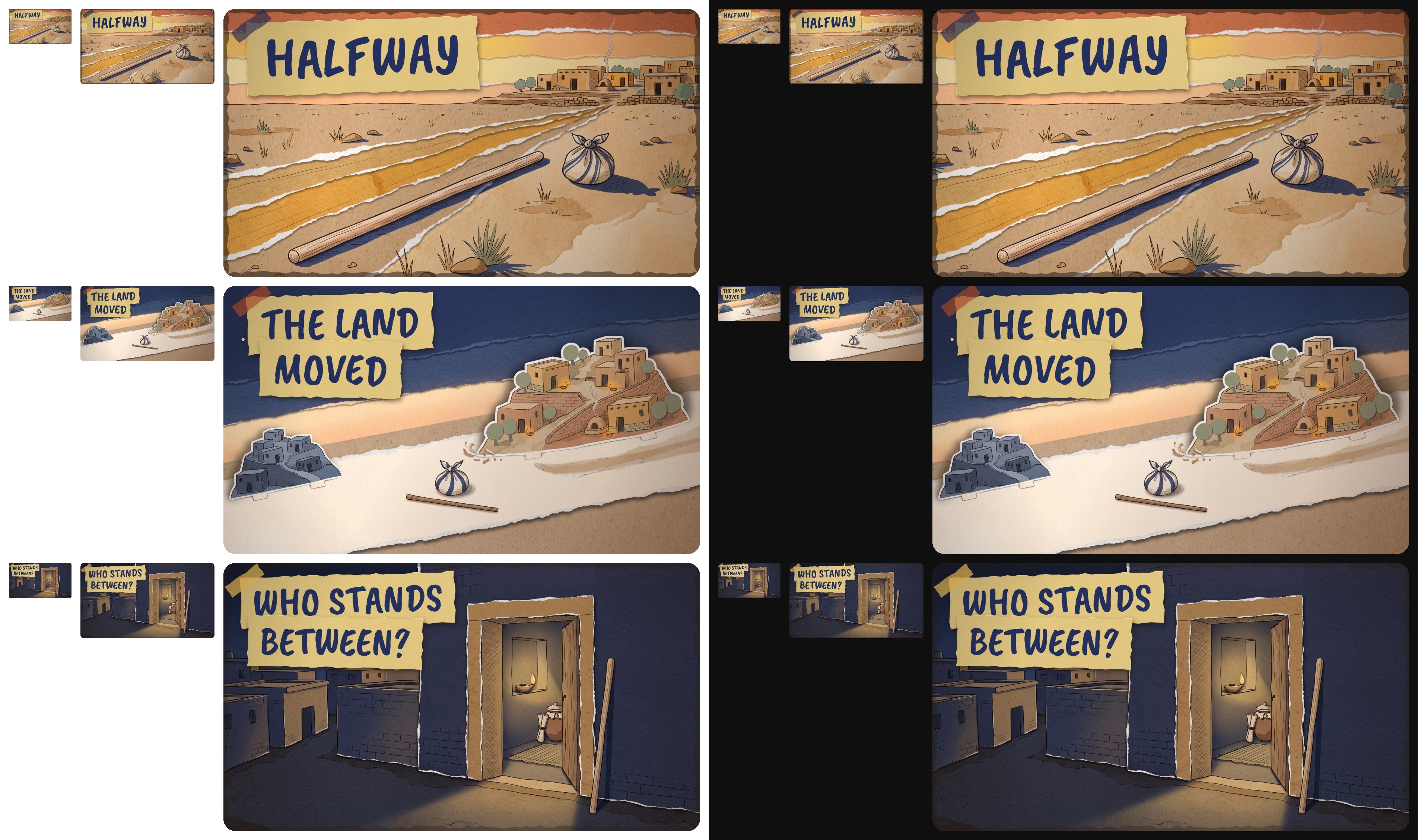 Thumbnails at phone and desktop sizes on white and dark